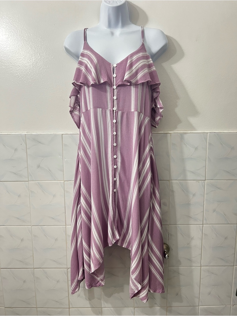 Angie Cold Shoulder Handkerchief Stripe Midi Dress M Cottage Festival Boho Beach